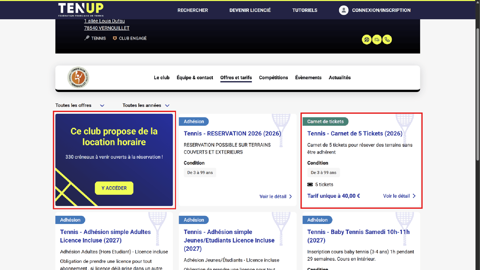 Capture d'écran : Page principale du club sur Ten'Up