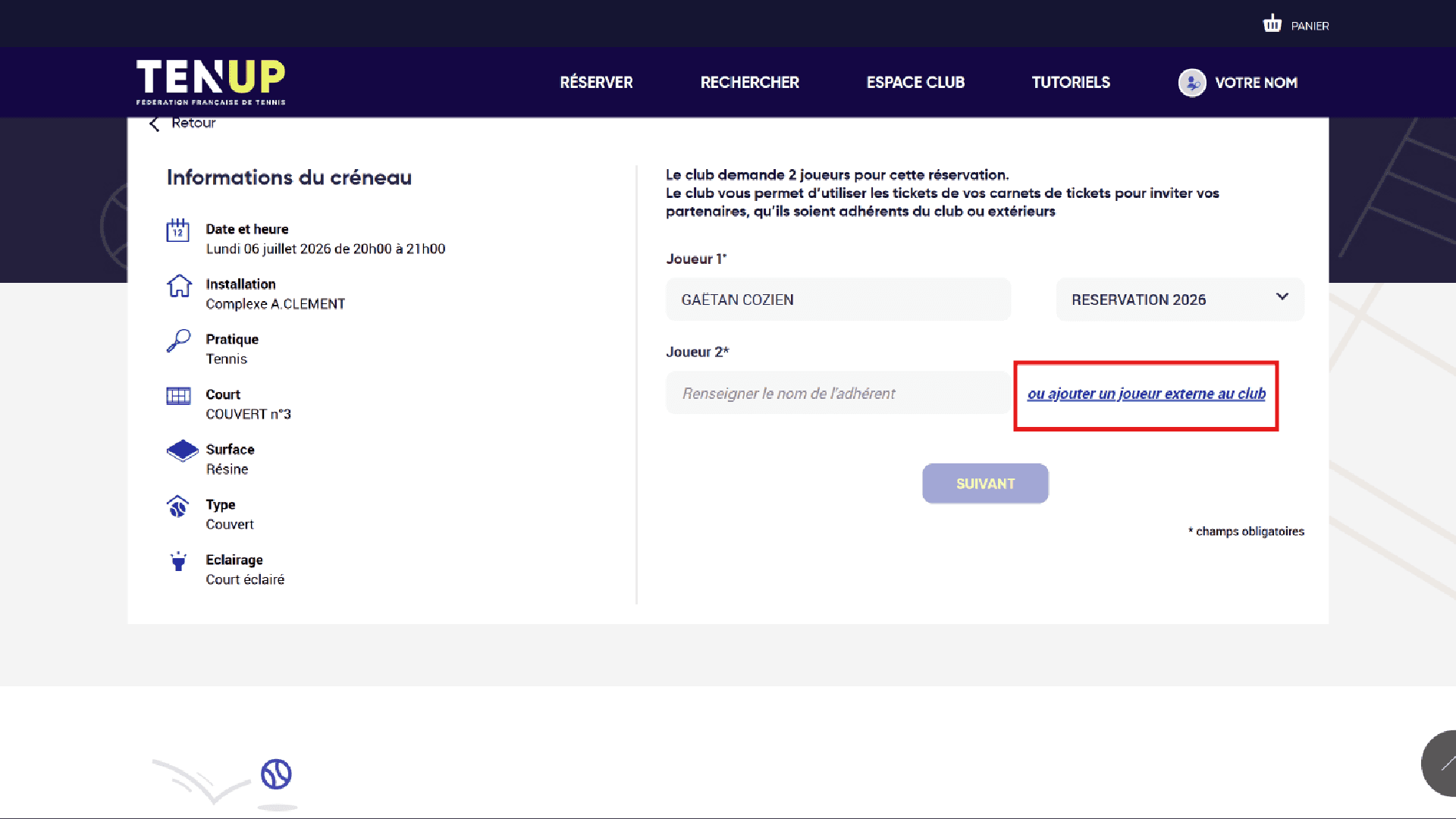 Capture d'écran : Page principale du club sur Ten'Up
